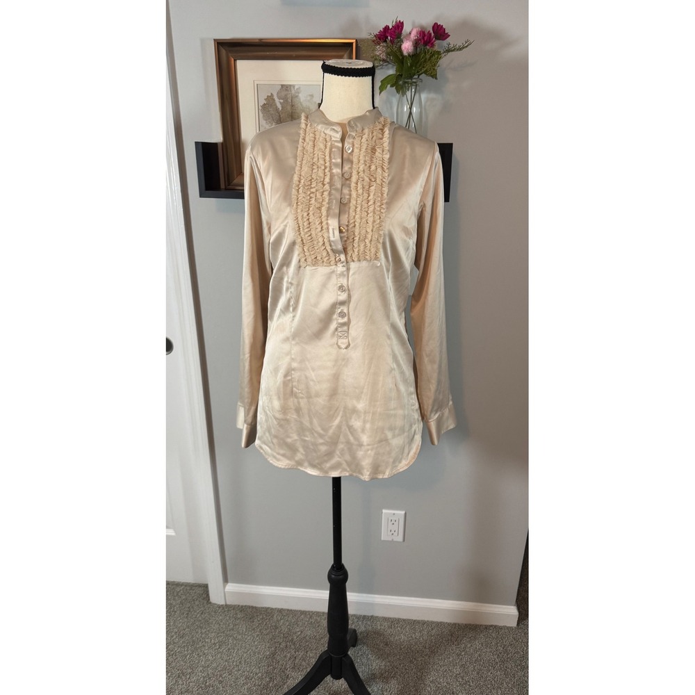 Cabi Champagne Satin Feel Ruffle Bib Blouse Minimalist Beige Top Women's Medium